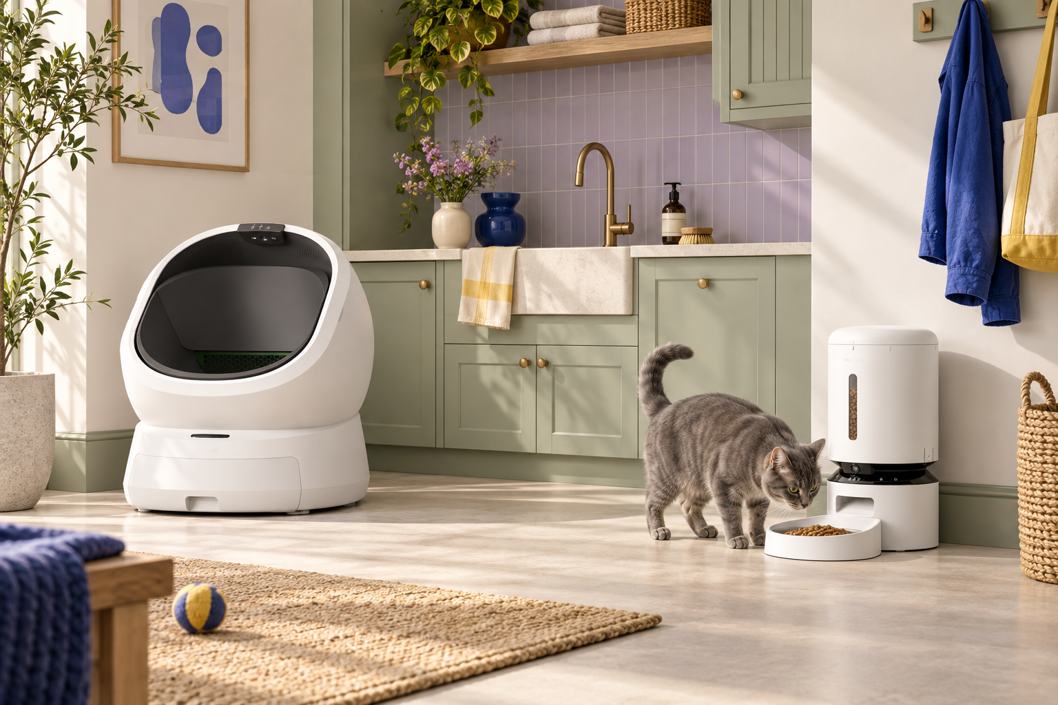 Smart litter box and feeder in a colorful modern pet room