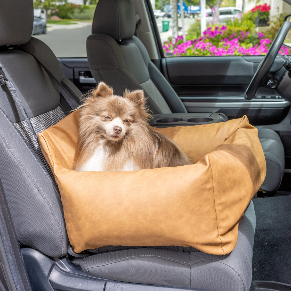PupProtector™ Faux Cool-to-Touch Vegan Leather Memory Foam Dog Car Bed - Camel image 3