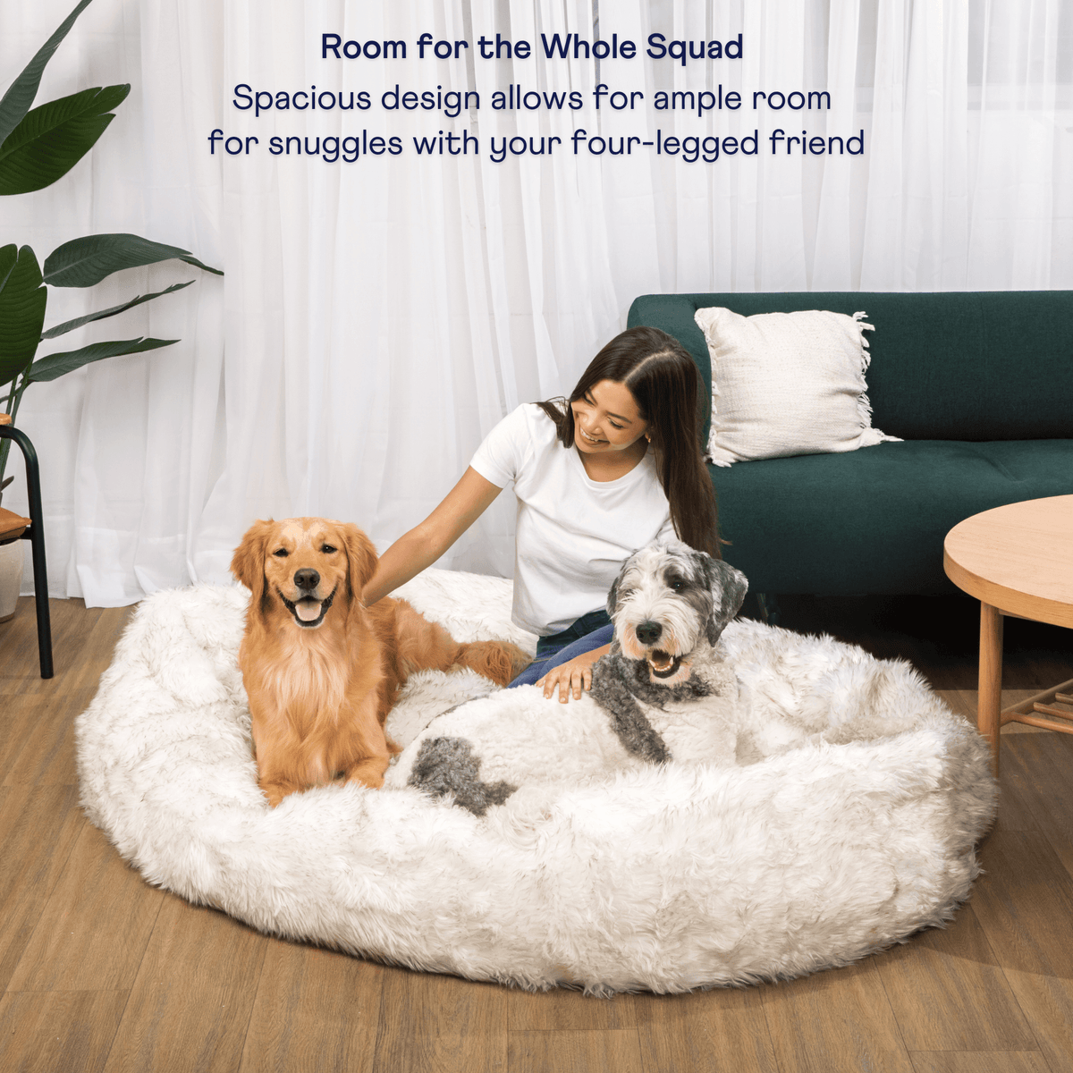 PupCloud™ Human-Size Faux Fur Memory Foam Dog Bed - White with Brown Accents image 2