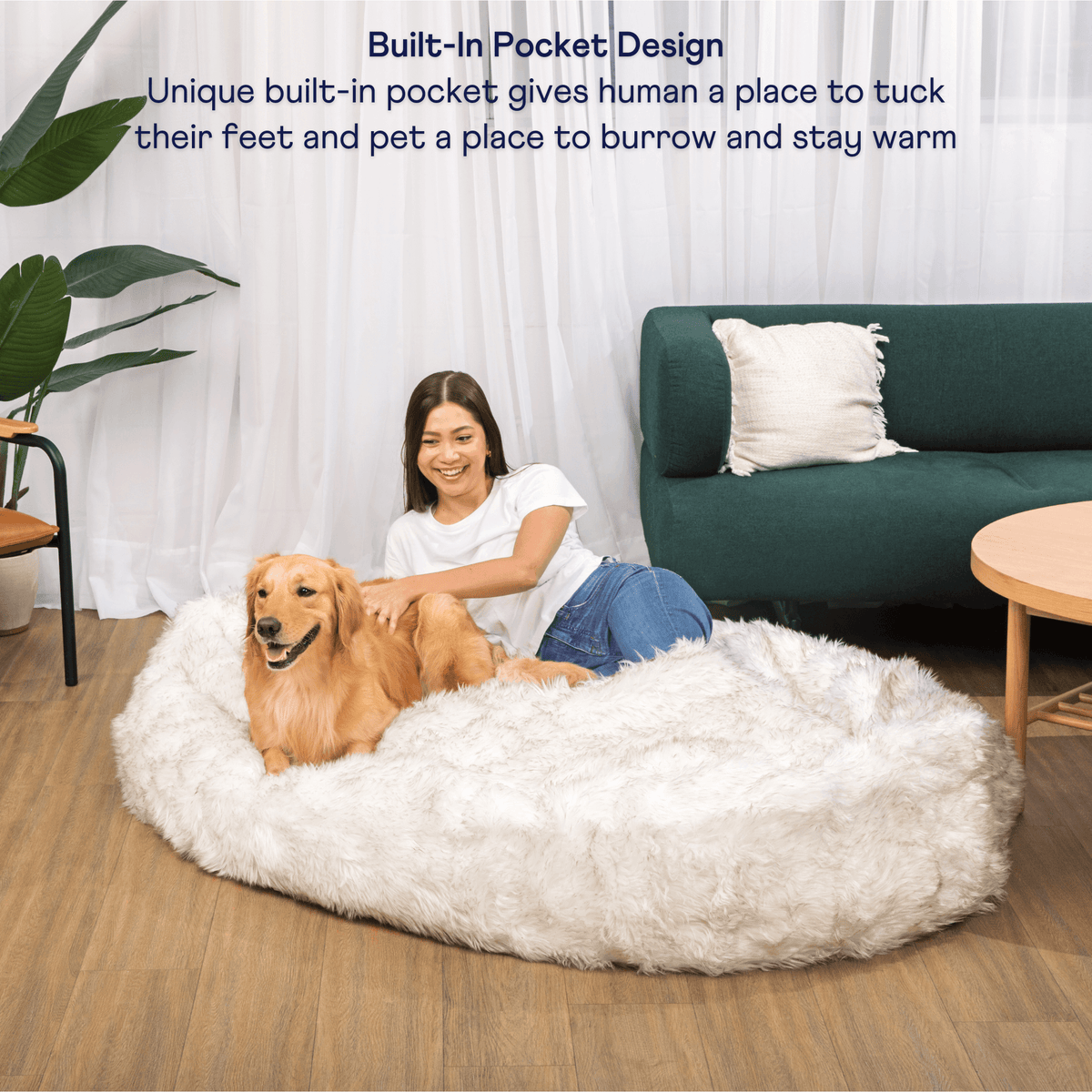 PupCloud™ Human-Size Faux Fur Memory Foam Dog Bed - White with Brown Accents image 4