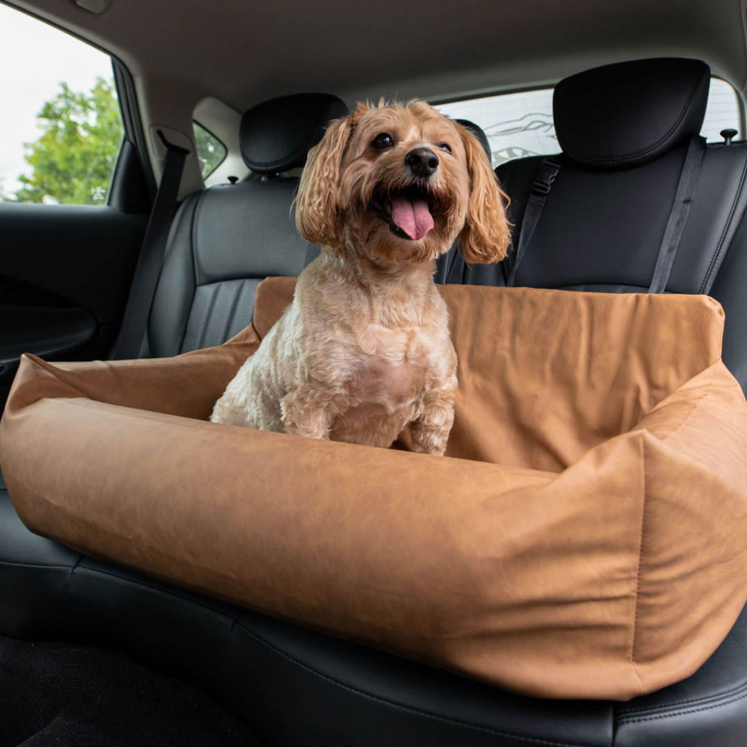 PupProtector™ Faux Cool-to-Touch Vegan Leather Memory Foam Dog Car Bed - Camel image 2