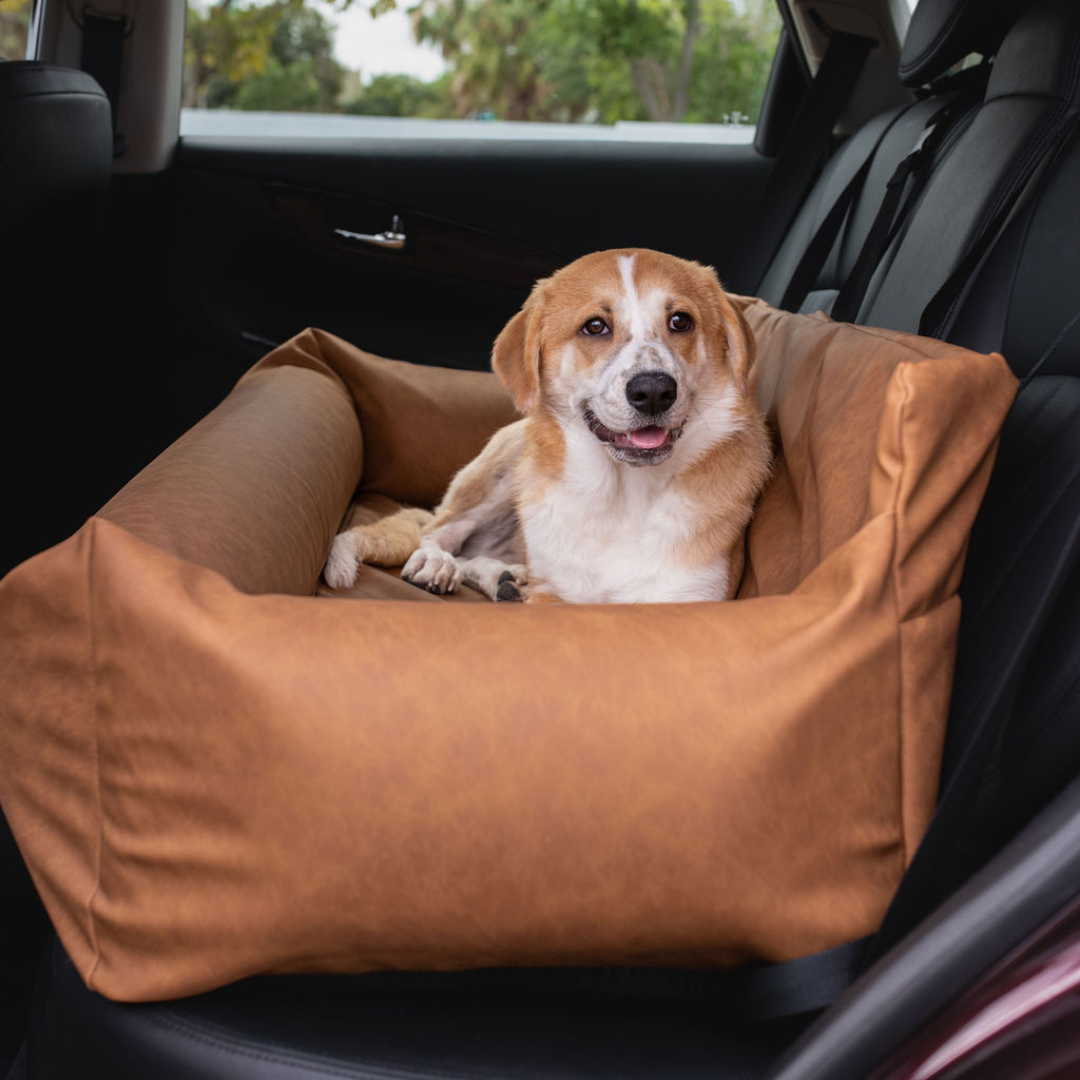 PupProtector™ Faux Cool-to-Touch Vegan Leather Memory Foam Dog Car Bed - Camel product image