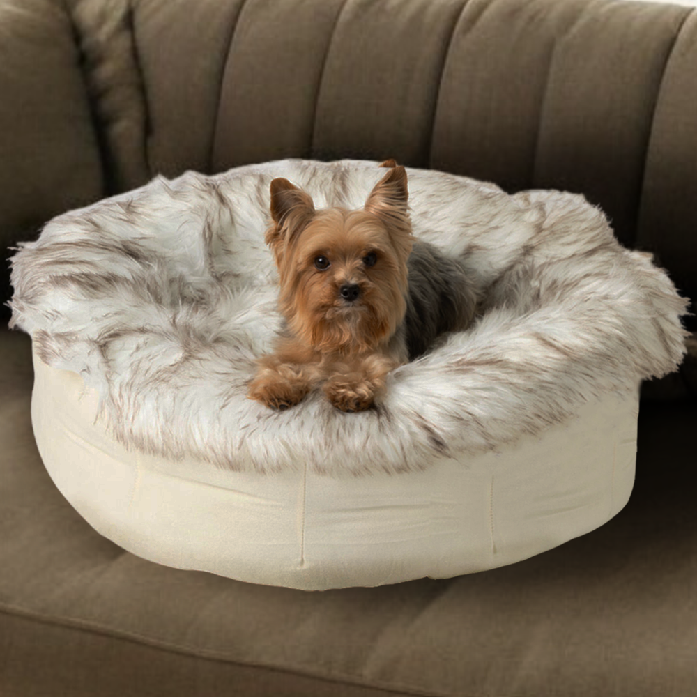 PupPouf™ Faux Fur Donut Dog Bed - White with Brown Accents image 2