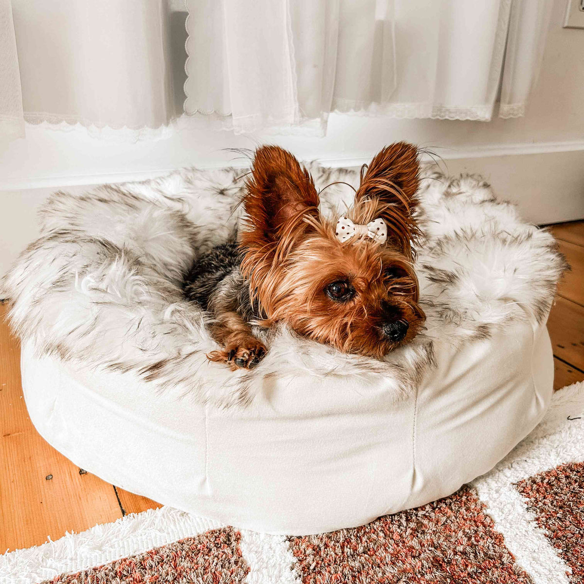PupPouf™ Faux Fur Donut Dog Bed - White with Brown Accents product image