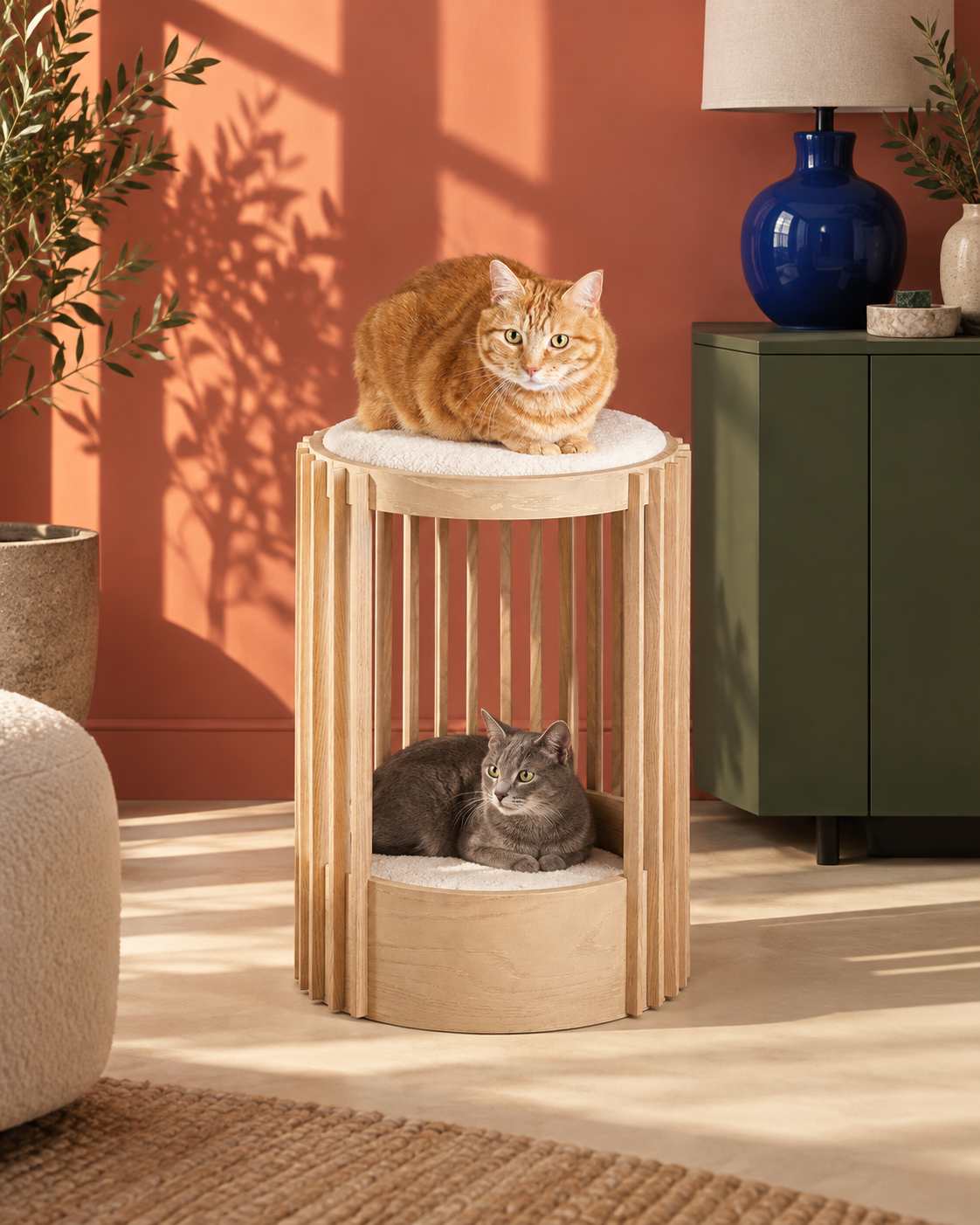 Light oak cat tower in a colorful interior