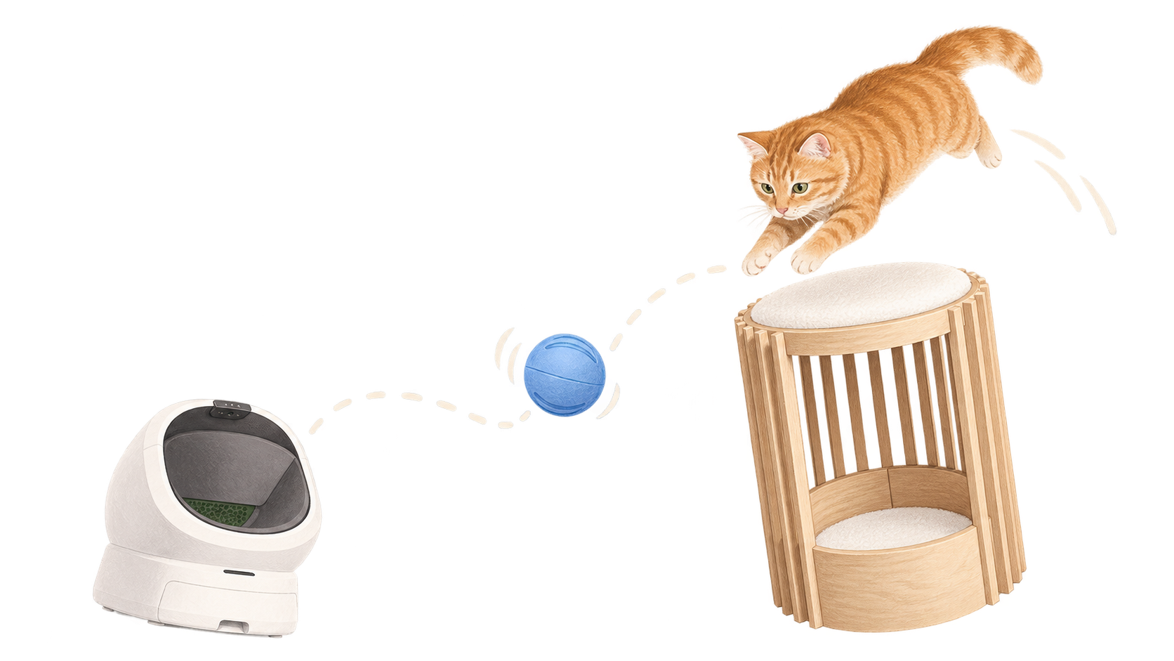 Cat leaping between a smart litter box, blue ball and wood cat tower