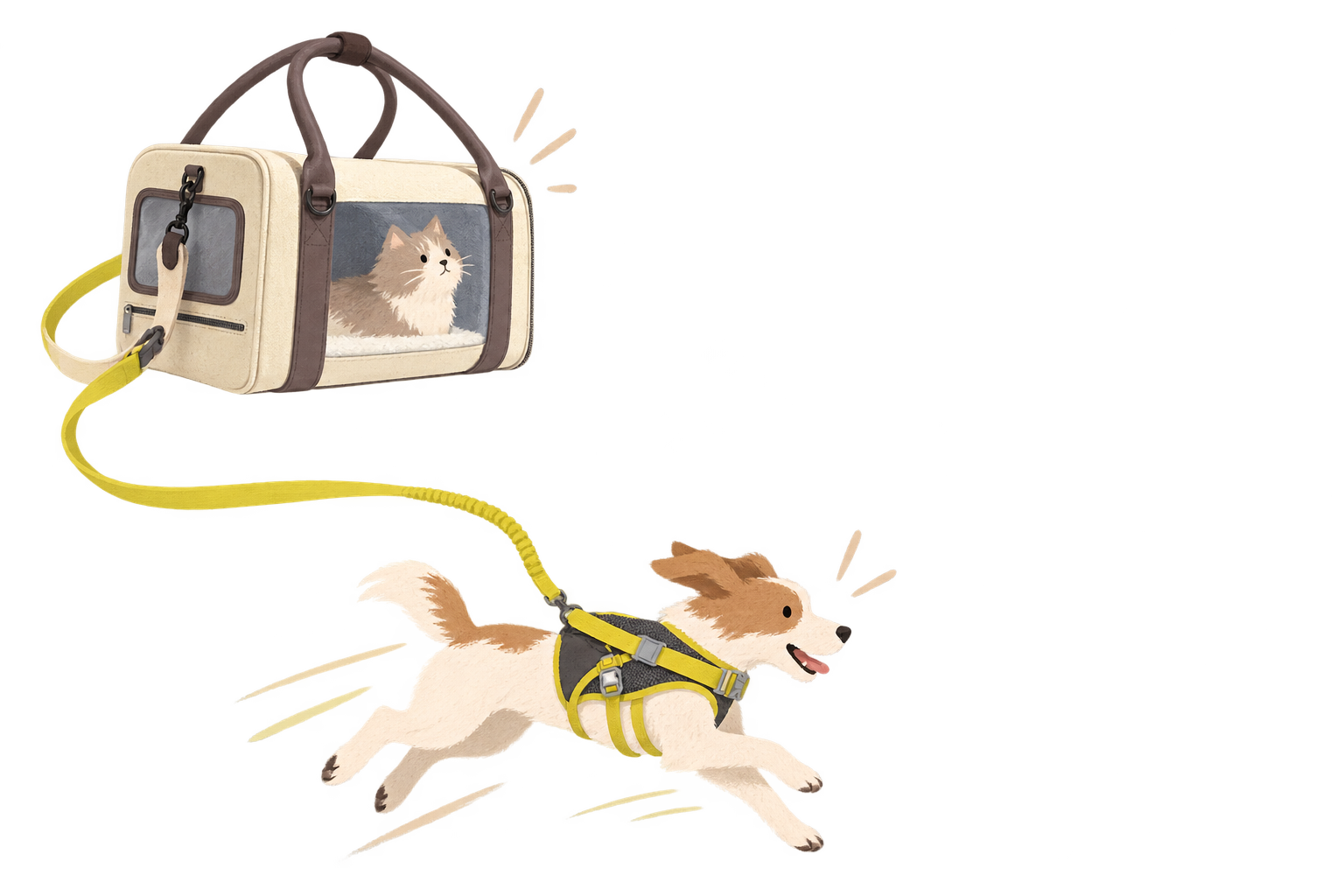 Cat travel carrier and dog in a walking harness moving diagonally