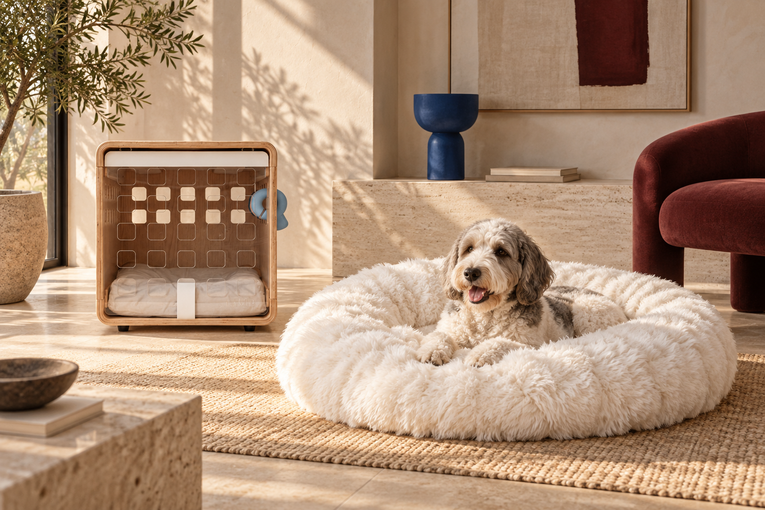 Rattan dog crate and cloud bed in a refined home