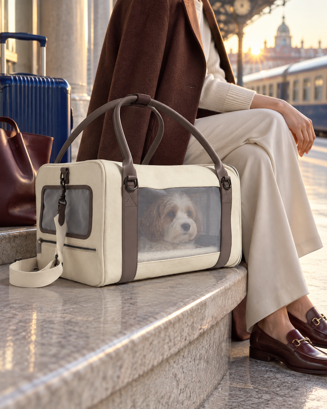 Cream pet travel carrier at a railway platform