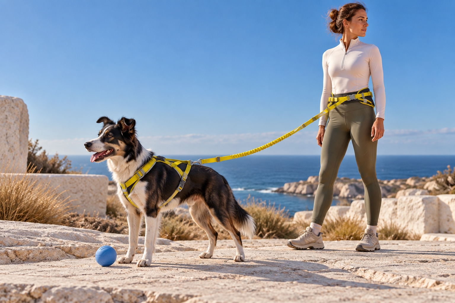 Dog wearing a chartreuse walking harness by the coast